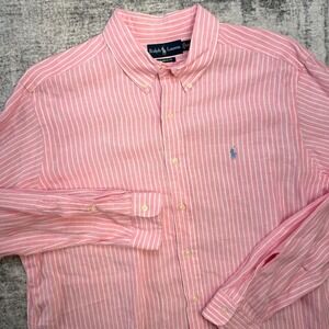 VTG Polo Ralph Lauren Linen Shirt Mens 2XL Pink White Striped Classic Preppy